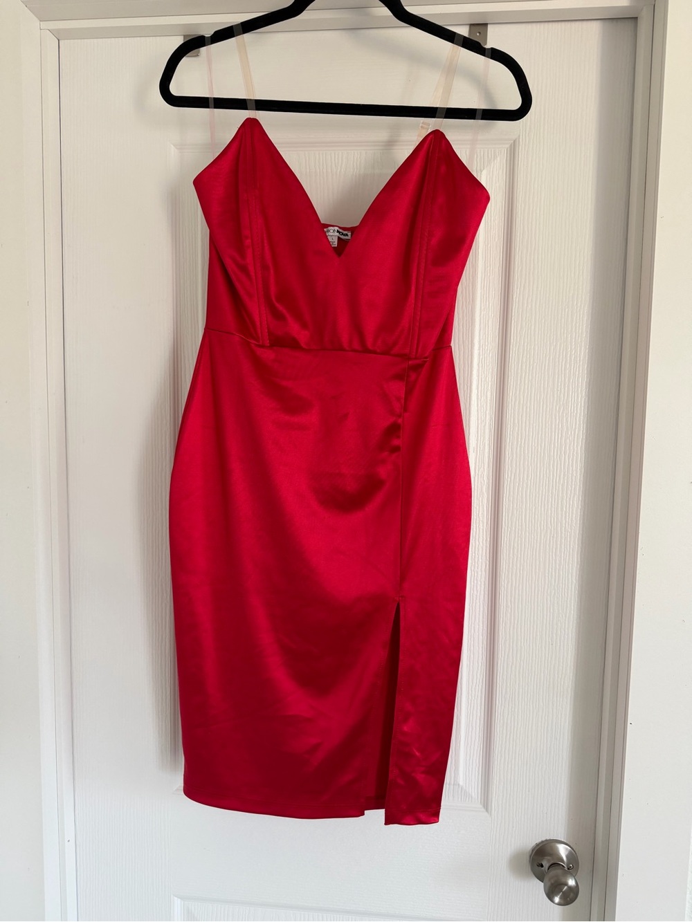 Fashion Nova Red Satin V-Neck Slit Bodycon Mini Dress